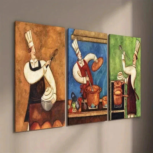 3pcs Vibrant Retro Chef Cooking-Themed Wall Art Set Canvas Framed 40x60cm - High Quality Print 100% Australian Made Wall Canvas Ready to Hang