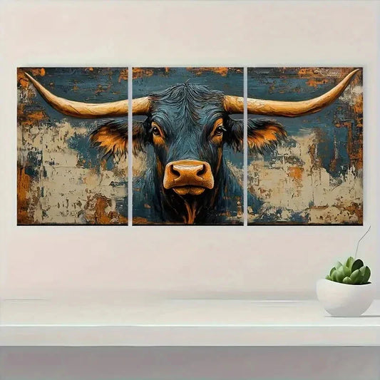 3pcs Vibrant Blue & Orange Western Metal Print Ready to Hang Art