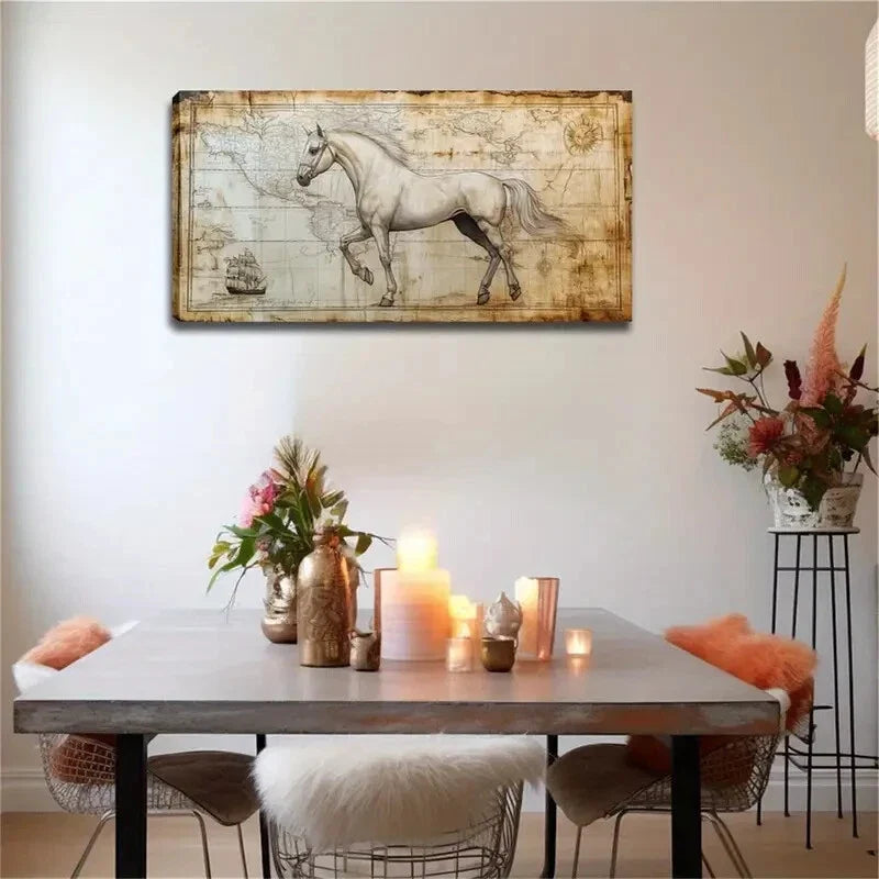 White Horse Ancient Map Design Wall Art Canvas Office Home Room Framed 120x60cm