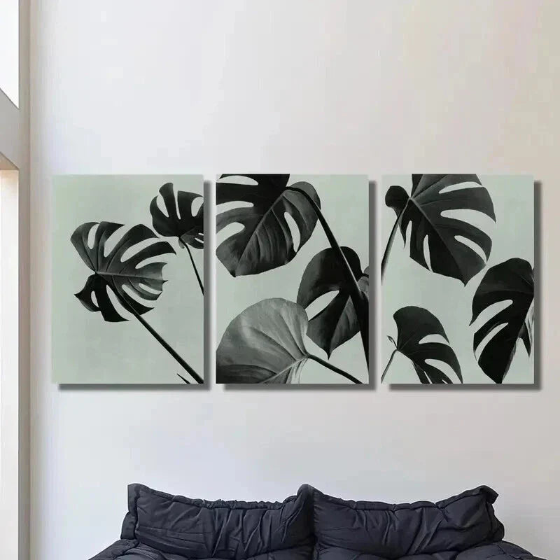 3pcs Black & White Botanical Monstera Leaf Wall Art Set Canvas Framed 40x60cm - High Quality Print 100% Australian Made Wall Canvas Ready to Hang