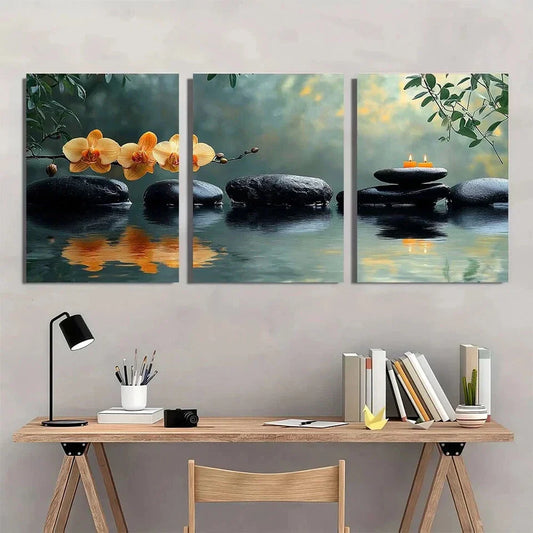 3pcs Serene Water Reflection Stones and Candles Metal Print Ready to Hang Art