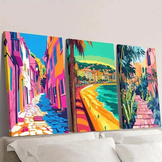 3pcs Colorful Ocean Beach City Landscape Wall Art Set Canvas Framed 40x60cm - High Quality Print 100% Australian Made Wall Canvas Ready to Hang