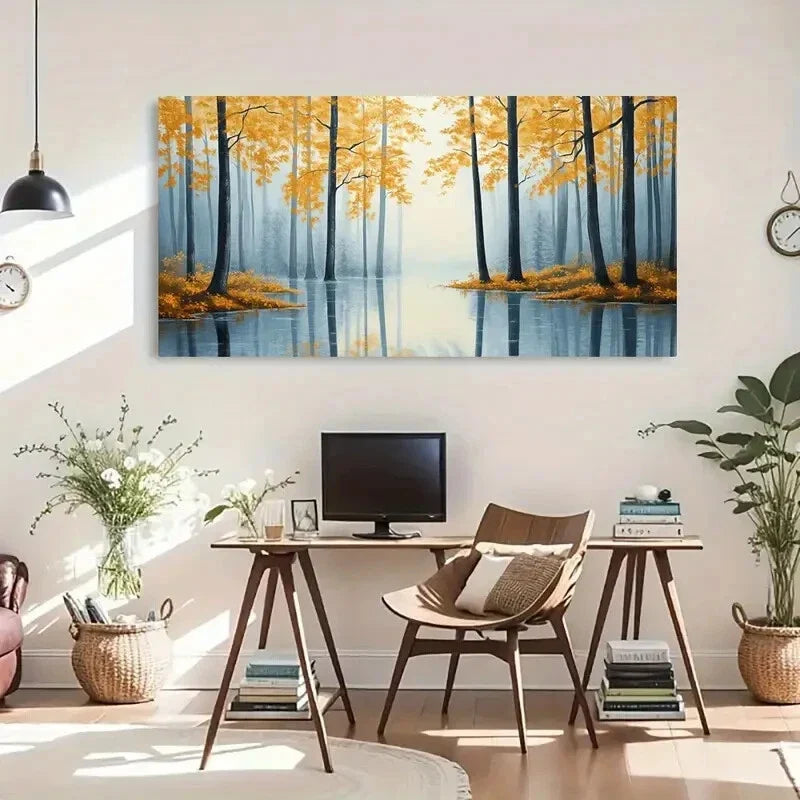 Misty Autumn Golden Leaves Wall Art Canvas Office Home Room Framed 120x60cm