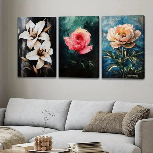 3pcs Florals Lily Rose Black Green & Blue Leaves Wall Art Set Canvas Framed 40x60cm - High Quality Print 100% Australian Made Wall Canvas Ready to Hang