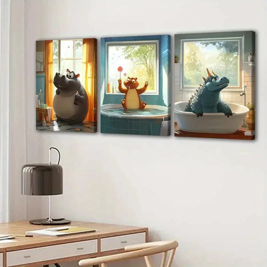 3pcs Cute Animal Hippopotamus Cow Crocodile Blue Wall Art Set Canvas Framed 40x60cm - High Quality Print 100% Australian Made Wall Canvas Ready to Hang