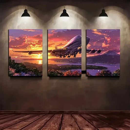 3pcs Colorful Airplane Under The Sky Metal Print Ready to Hang Art