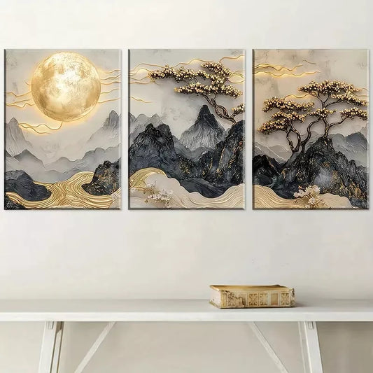 3pcs Chinese Luxury Points Golden Mountain Wall Art Set Canvas Framed 40x60cm - High Quality Print 100% Australian Made Wall Canvas Ready to Hang