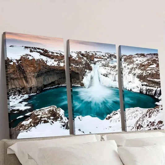 3pcs Iceland Waterfall Winter Snow Scene Wall Art Set Canvas Framed 40x60cm - High Quality Print 100% Australian Made Wall Canvas Ready to Hang