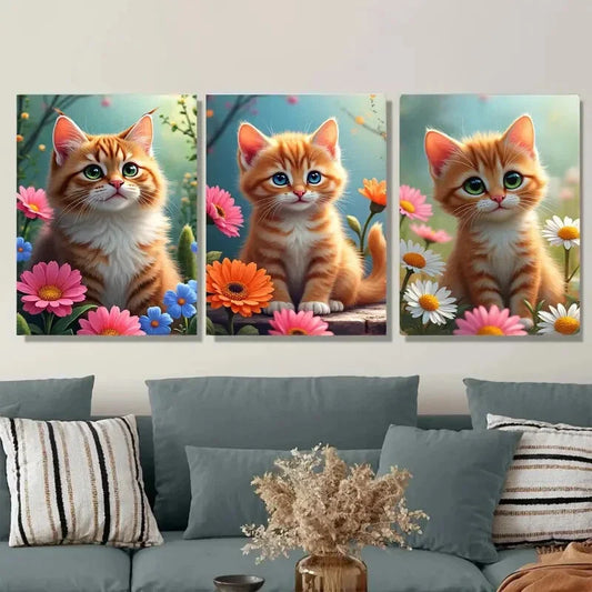 3pcs Charming Cat Trio Vibrant Floral Metal Print Ready to Hang Art