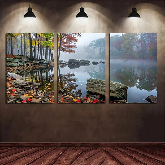 3pcs Autumn Forest Lake View Rocks and Trees Metal Print Ready to Hang Art