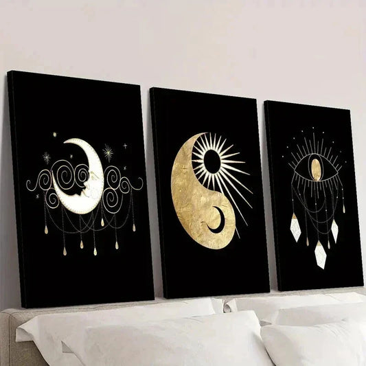 3pcs Modern Sun and Moon Constellation Wall Art Set Canvas Framed 40x60cm - High Quality Print 100% Australian Made Wall Canvas Ready to Hang