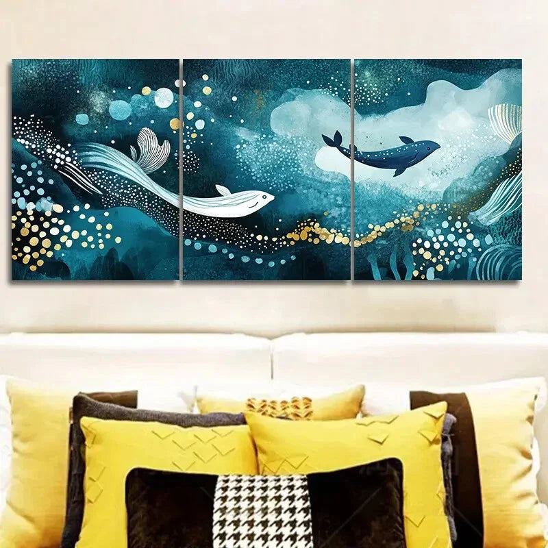3pcs There are fish in the blue sea Metal Print Ready to Hang Art