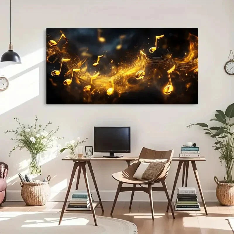 Musical Notes Golden Music Wall Art Canvas Office Home Room Framed 120x60cm
