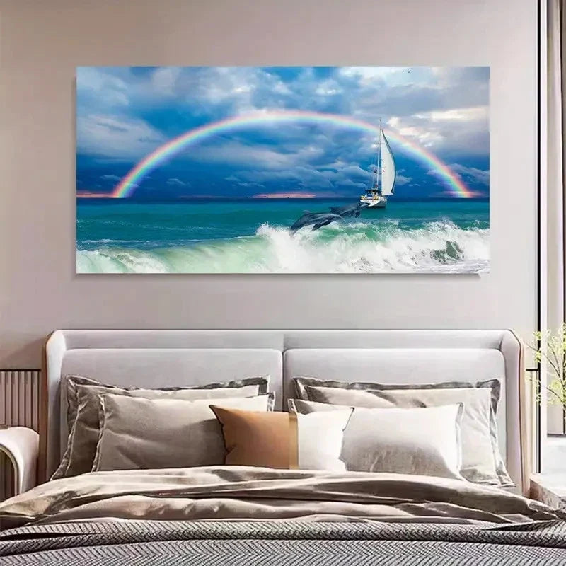 Rainbow Sea View & Dolphin Wall Art Canvas Office Home Room Framed 120x60cm