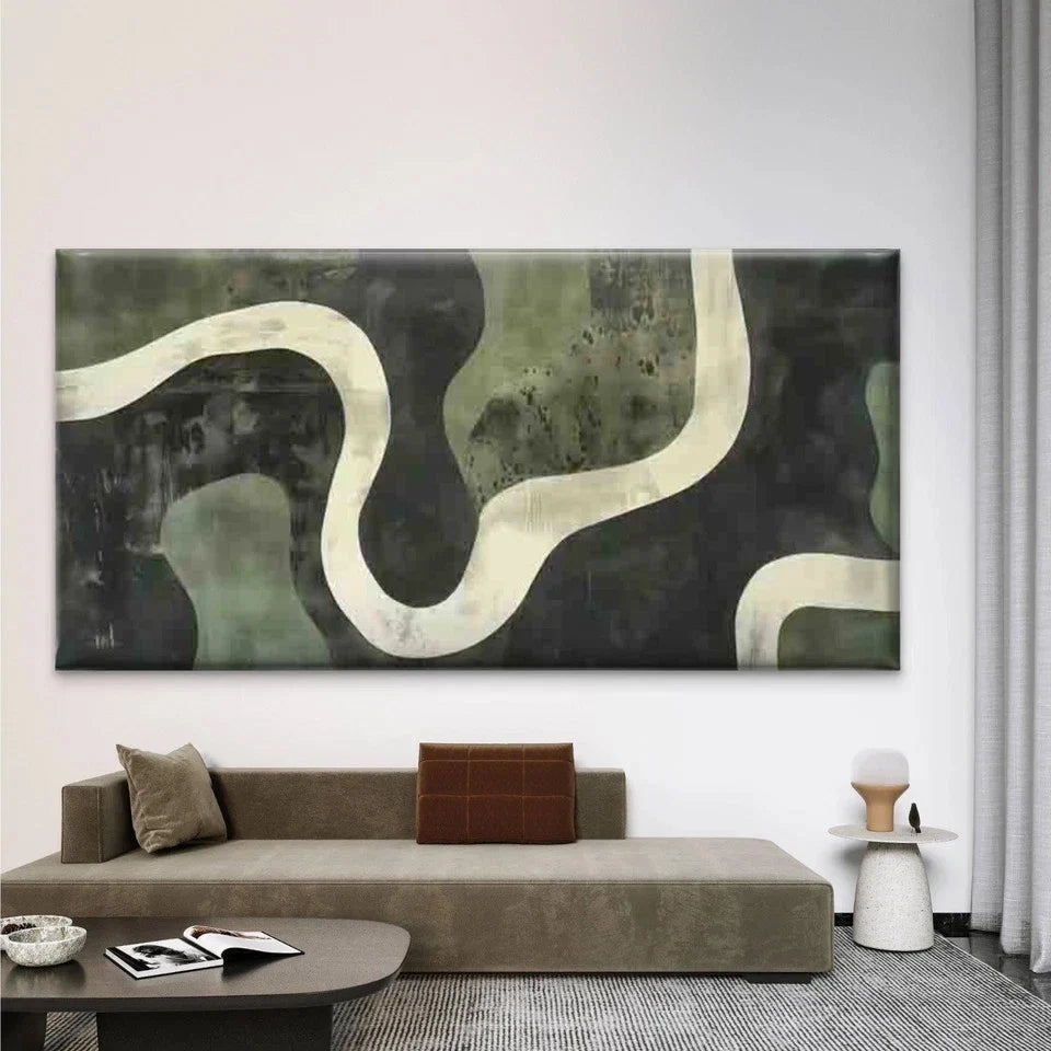 Abstract Green Black Curved Lin Wall Art Canvas Office Home Room Framed 120x60cm
