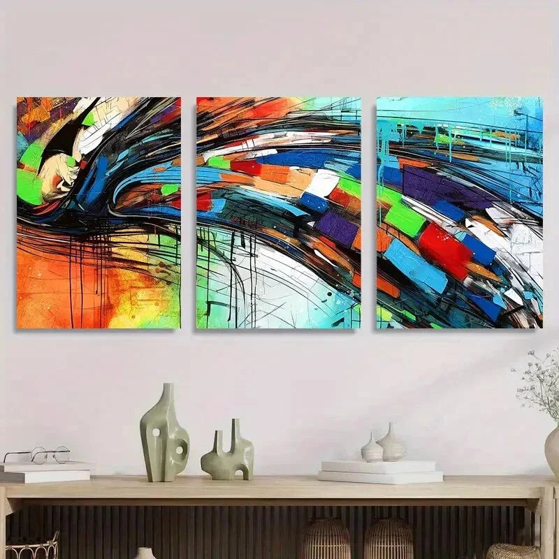 3pcs Vibrant Bold Colors, Geometric Shapes Metal Print Ready to Hang Art