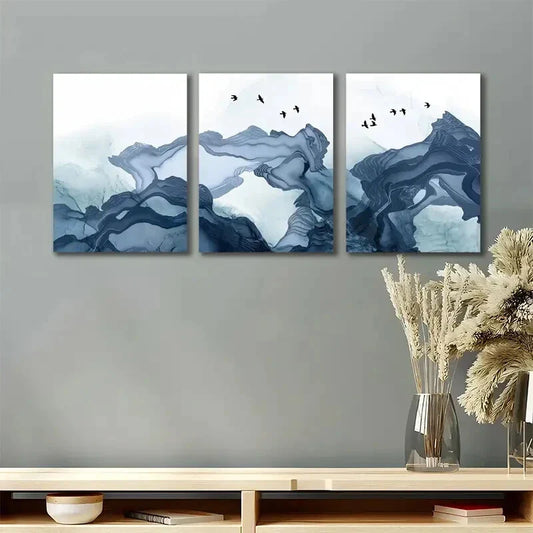 3pcs Blue Smoke Wave and Birds Abstract Landscape Metal Print Ready to Hang Art