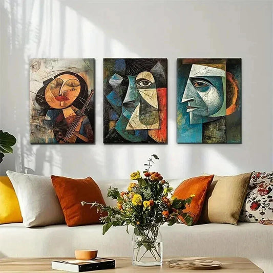 3pcs Cubist Faces Geometric Portrait Perfect Wall Art Set Canvas Framed 40x60cm - High Quality Print 100% Australian Made Wall Canvas Ready to Hang