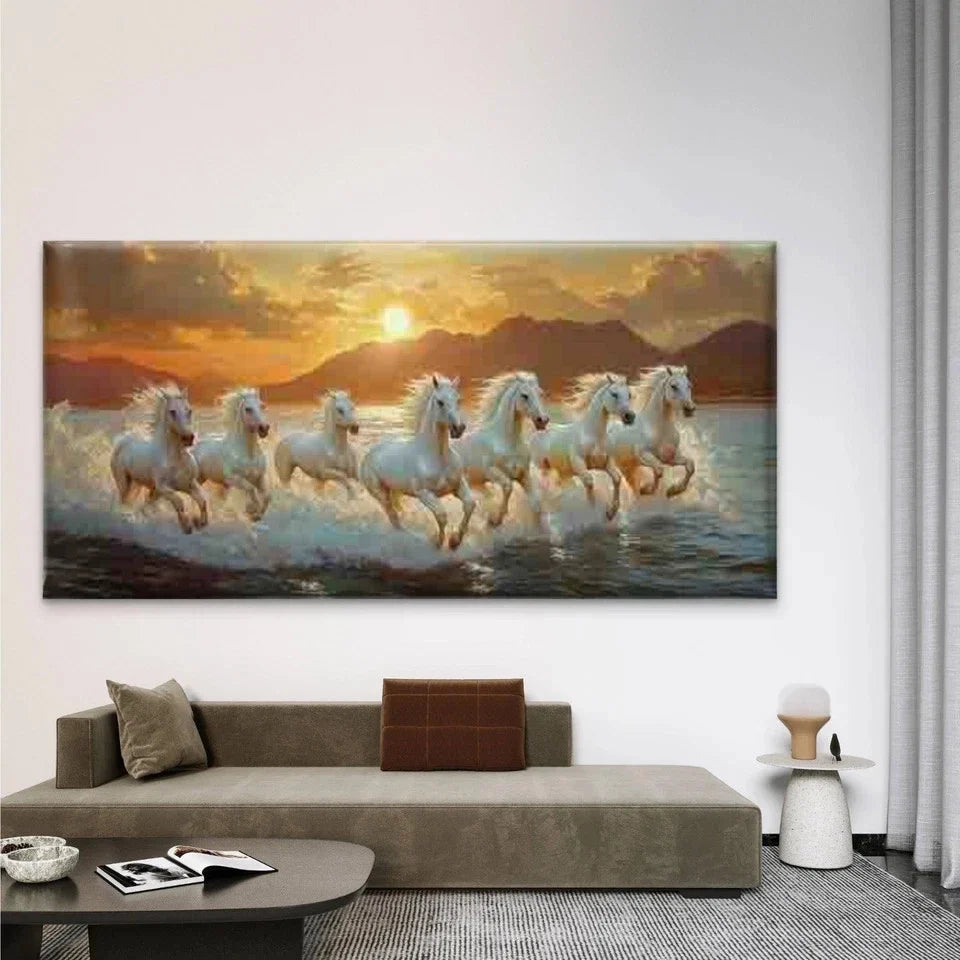 Galloping Horses Sunset Scene Wall Art Canvas Office Home Room Framed 80x45cm