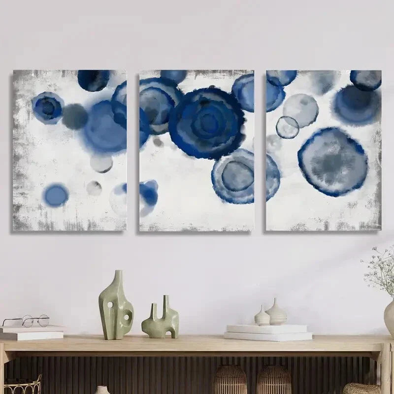 3pcs Navy Blue & White Swirls, Modern Wall Art Set Canvas Framed 40x60cm - High Quality Print 100% Australian Made Wall Canvas Ready to Hang