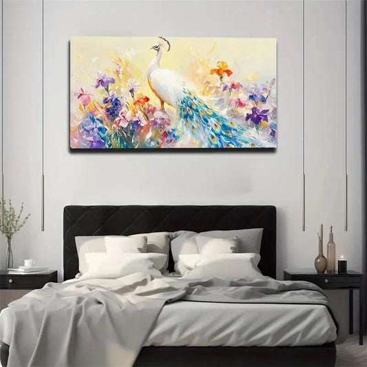 White Peacocks & Vibrant Flower Wall Art Canvas Office Home Room Framed 120x60cm