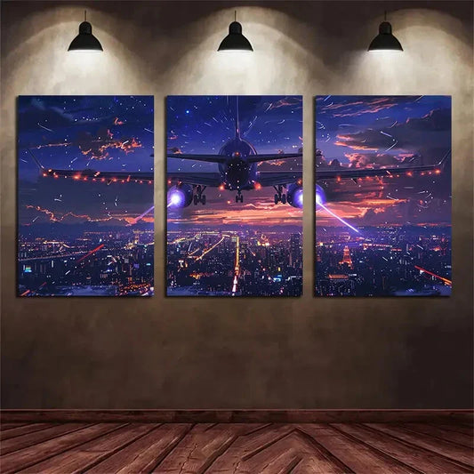 3pcs Airplane Night Flight with Illuminated Wings Metal Print Ready to Hang Art