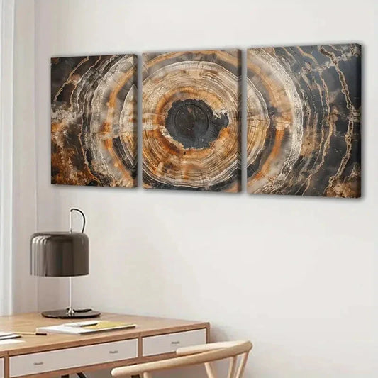 3pcs Abstract Tree Ring Brown Black Gold White Wall Art Set Canvas Framed 40x60cm - High Quality Print 100% Australian Made Wall Canvas Ready to Hang