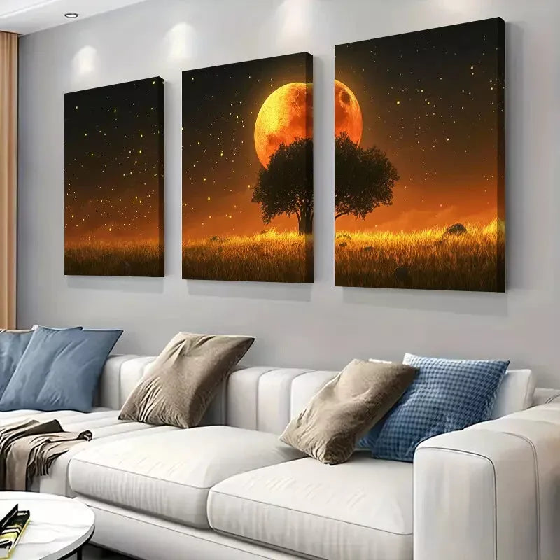 3pcs Enchanted Moonlit Meadow Wrapped Wall Art Set Canvas Framed 40x60cm - High Quality Print 100% Australian Made Wall Canvas Ready to Hang