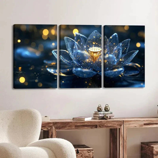 3pcs Vibrant Lotus Flower Stunning Blue & Gold Wall Art Set Canvas Framed 40x60cm - High Quality Print 100% Australian Made Wall Canvas Ready to Hang