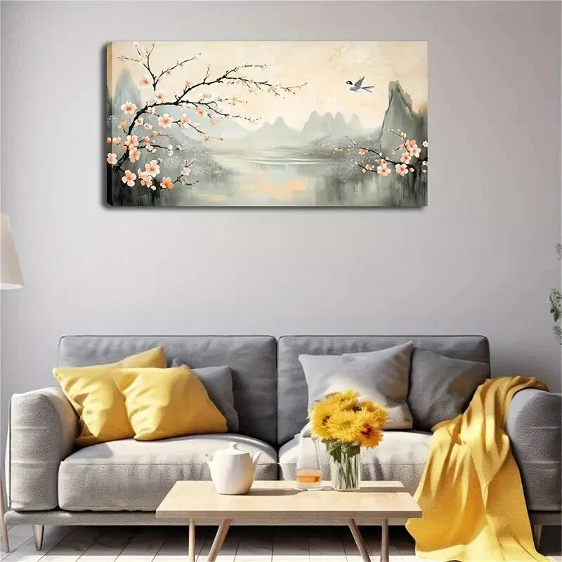 Blooming Plum Trees and Distant Wall Art Canvas Office Home Room Framed 80x45cm