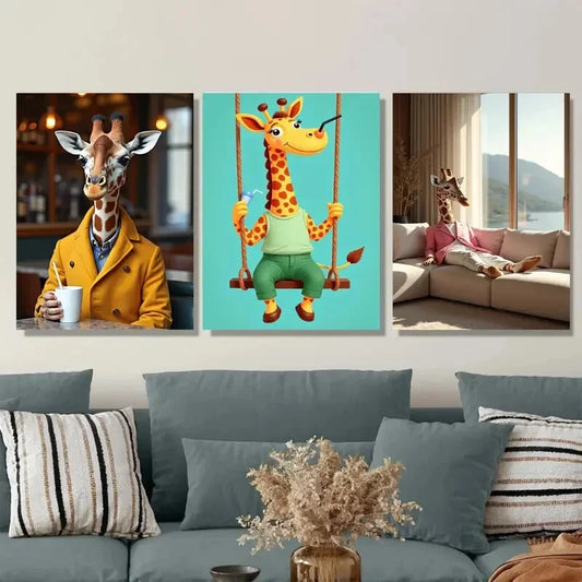3pcs Colorful Giraffe Whimsical Modern Painting Wall Art Set Canvas Framed 40x60cm - High Quality Print 100% Australian Made Wall Canvas Ready to Hang