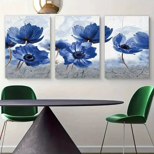 3pcs Blue Flowers Posters Abstract Flower Canvas Framed 40x60cm - High Quality Print 100% Australian Made Wall Canvas Ready to Hang