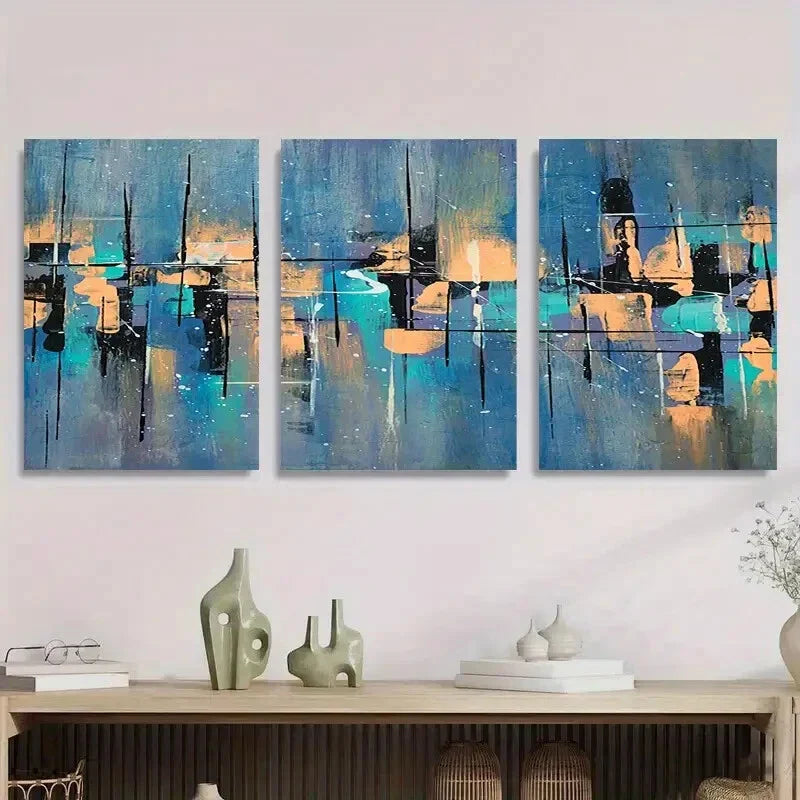 3pcs Abstract Blue and Orange Geometric Metal Print Ready to Hang Art