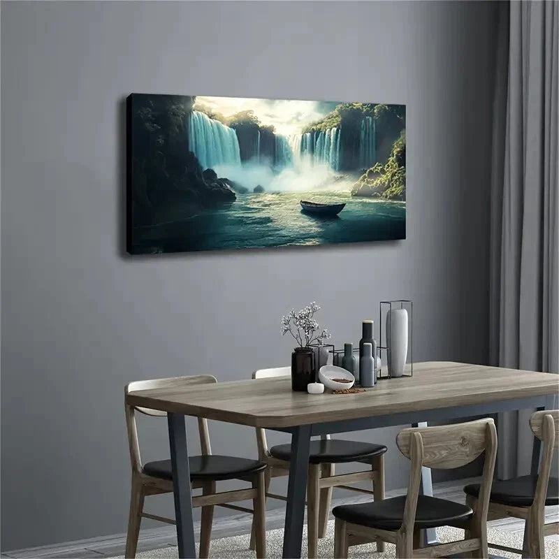 Serene Boat Majestic Waterfall Wall Art Canvas Office Home Room Framed 120x60cm