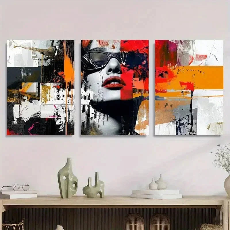 3pcs Modern Geometric Shapes, Bold Red Black Metal Print Ready to Hang Art