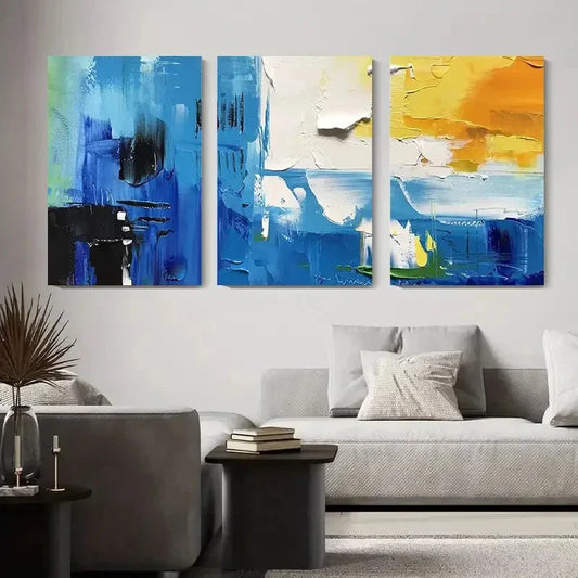 3pcs Modern Blue and Yellow Brushstroke Metal Print Ready to Hang Art