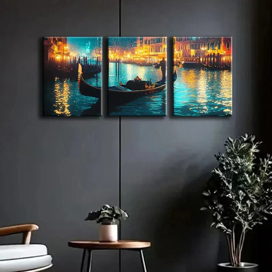 3pcs Venice's Grand Canal at Night Perfect Wall Art Set Canvas Framed 40x60cm - High Quality Print 100% Australian Made Wall Canvas Ready to Hang