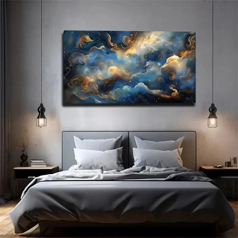 Golden & White Flowing Lines Wall Art Canvas Office Home Room Framed 80x45cm