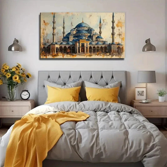 Aesthetic Elegant Blue & Gold Wall Art Canvas Office Home Room Framed 120x60cm