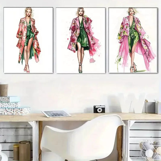 3pcs Fashion Sketch Style Triptych Wall Art Set Canvas Framed 40x60cm - High Quality Print 100% Australian Made Wall Canvas Ready to Hang