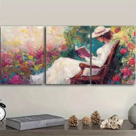 3pcs Elegant Woman Reading Beauty Nature Perfect Wall Art Set Canvas Framed 40x60cm - High Quality Print 100% Australian Made Wall Canvas Ready to Hang