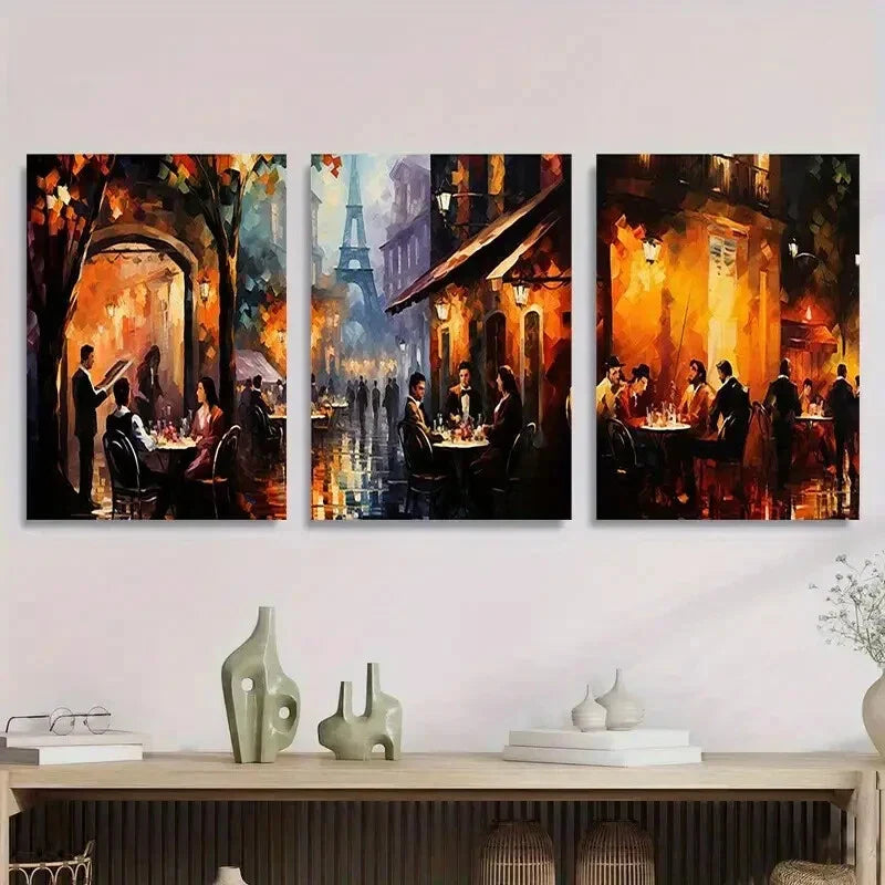 3pcs Romantic Night Cityscape Dining Scenes Metal Print Ready to Hang Art