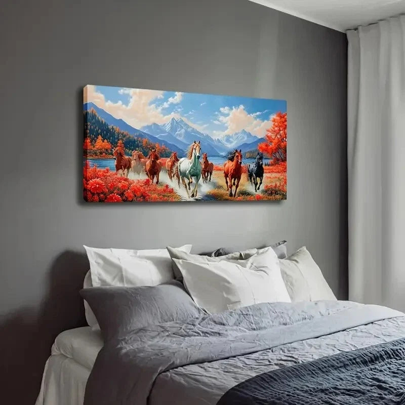 A Group Of Abstract Horses Run Wall Art Canvas Office Home Room Framed 120x60cm