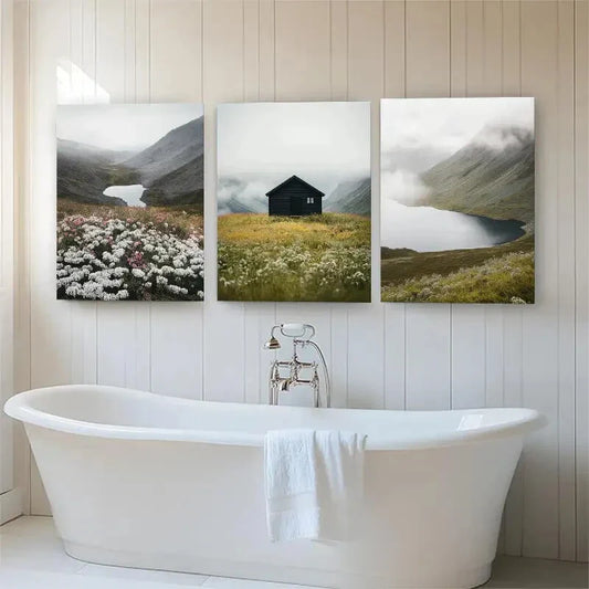 3pcs Misty Lake and Flower Field Cabin Perfect Wall Art Set Canvas Framed 40x60cm - High Quality Print 100% Australian Made Wall Canvas Ready to Hang