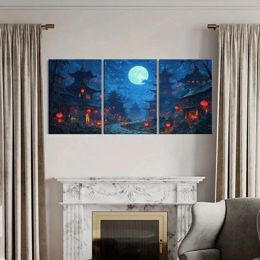 3pcs Moonlit Traditional Ancient Temple Night SceneMetal Print Ready to Hang Art