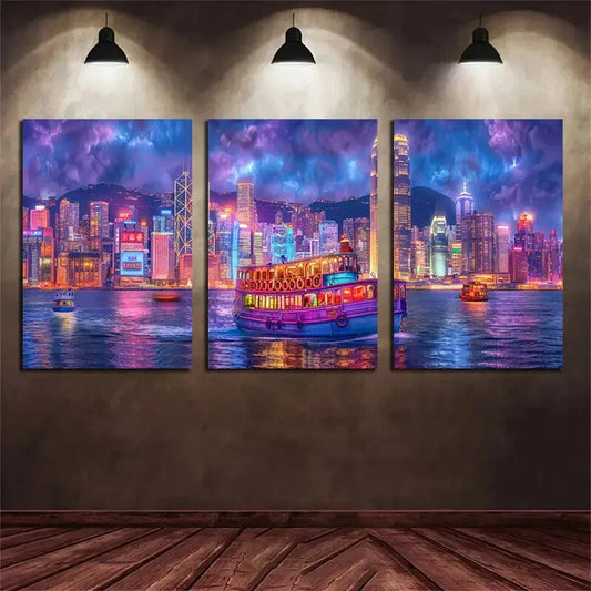 3pcs Magnificent City Landscape Shining With Neon Metal Print Ready to Hang Art