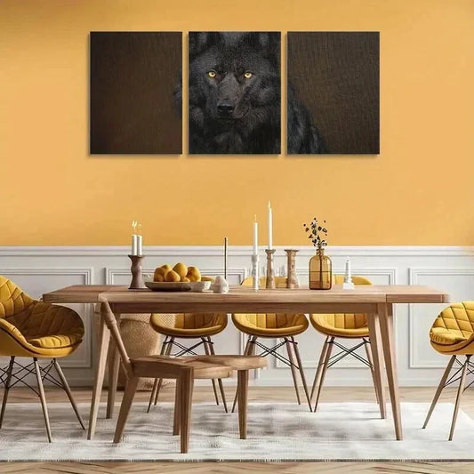 3pcs Black Wolf Staring with Golden Eyes Wall Art Set Canvas Framed 40x60cm - High Quality Print 100% Australian Made Wall Canvas Ready to Hang