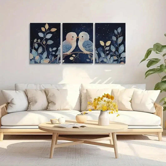 3pcs Lovebird Midnight Blue & Golden Accents Metal Print Ready to Hang Art