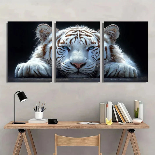 3pcs Modern White Tiger Animal Metal Print Ready to Hang Art