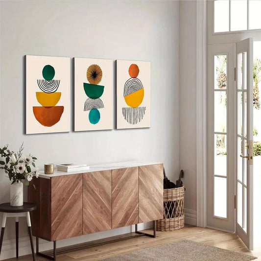 3pcs Abstract Mid-Century Modern Geometric Wall Art Set Canvas Framed 40x60cm - High Quality Print 100% Australian Made Wall Canvas Ready to Hang